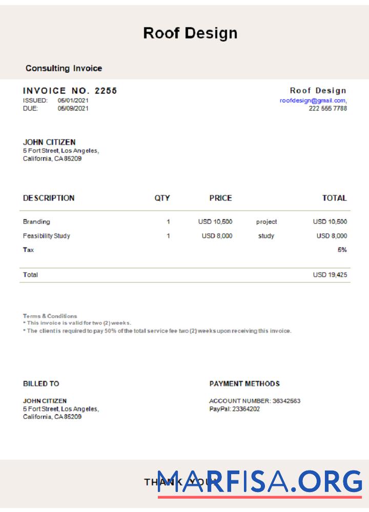 Downloadable USA Roof Design invoice real example